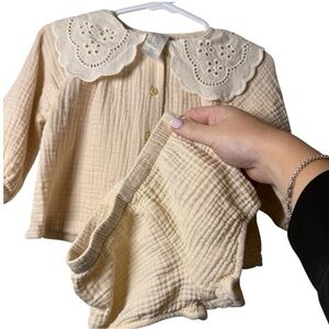H&M Beige Button Down Girls Shirt & Bloomers | 4-6 months